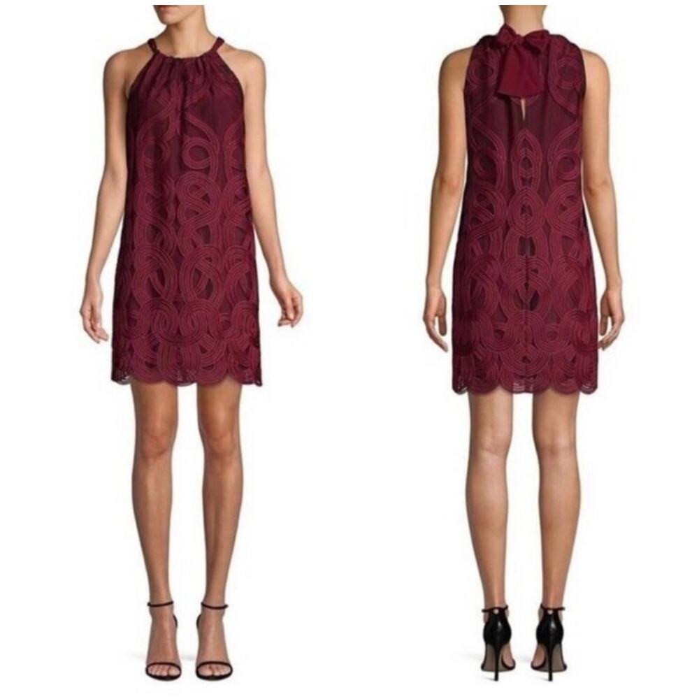 Trina Turk Burgundy Red Silk Embroidered Sleeveless Halter‎ Mini Dress Size XS - Picture 2 of 10
